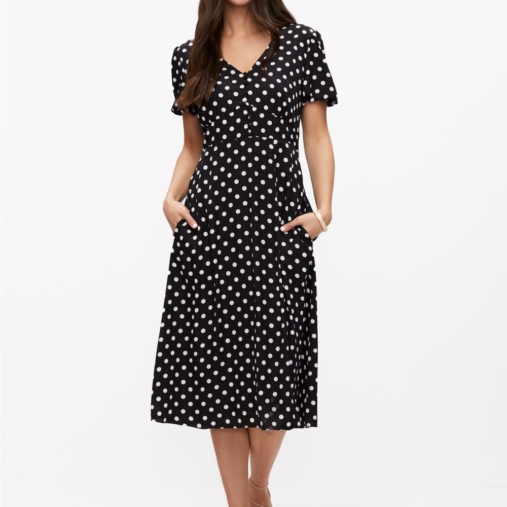 Polka Dot A-Line Midi Dress with Puff Sleeves